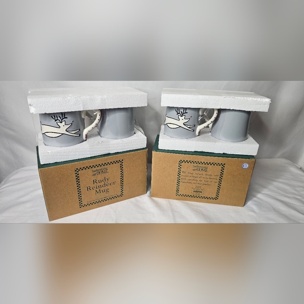 Southern Living At Home Rudy Reindeer Christmas Coffee Hot Choc Mugs (4) NIB